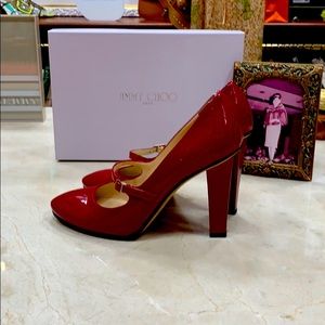 JIMMY CHOO RED PATENT LEATHER KINDLE MARY JANES